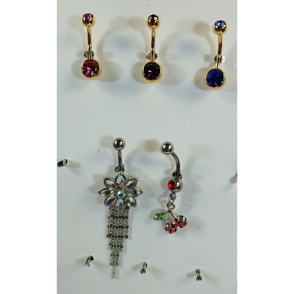 Set of 5 Navel Belly Button Rings Gold Silver Tone Floral Cherry Tassel Crystal - Picture 3 of 13